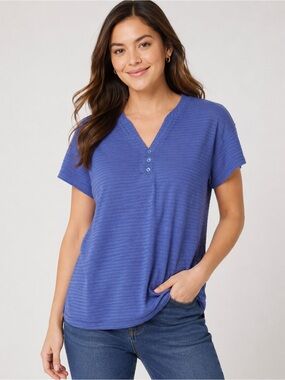Talbots Navy Blue Textured V-Neck Henley Top Size Medium Viscose Blend